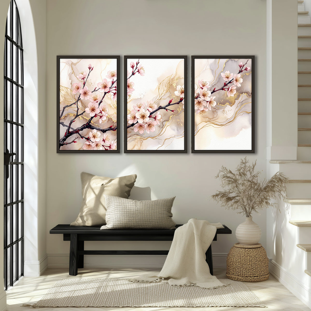 Cherry blossom branch with gold painting 3 piece framed canvas in an entryway above a bench
