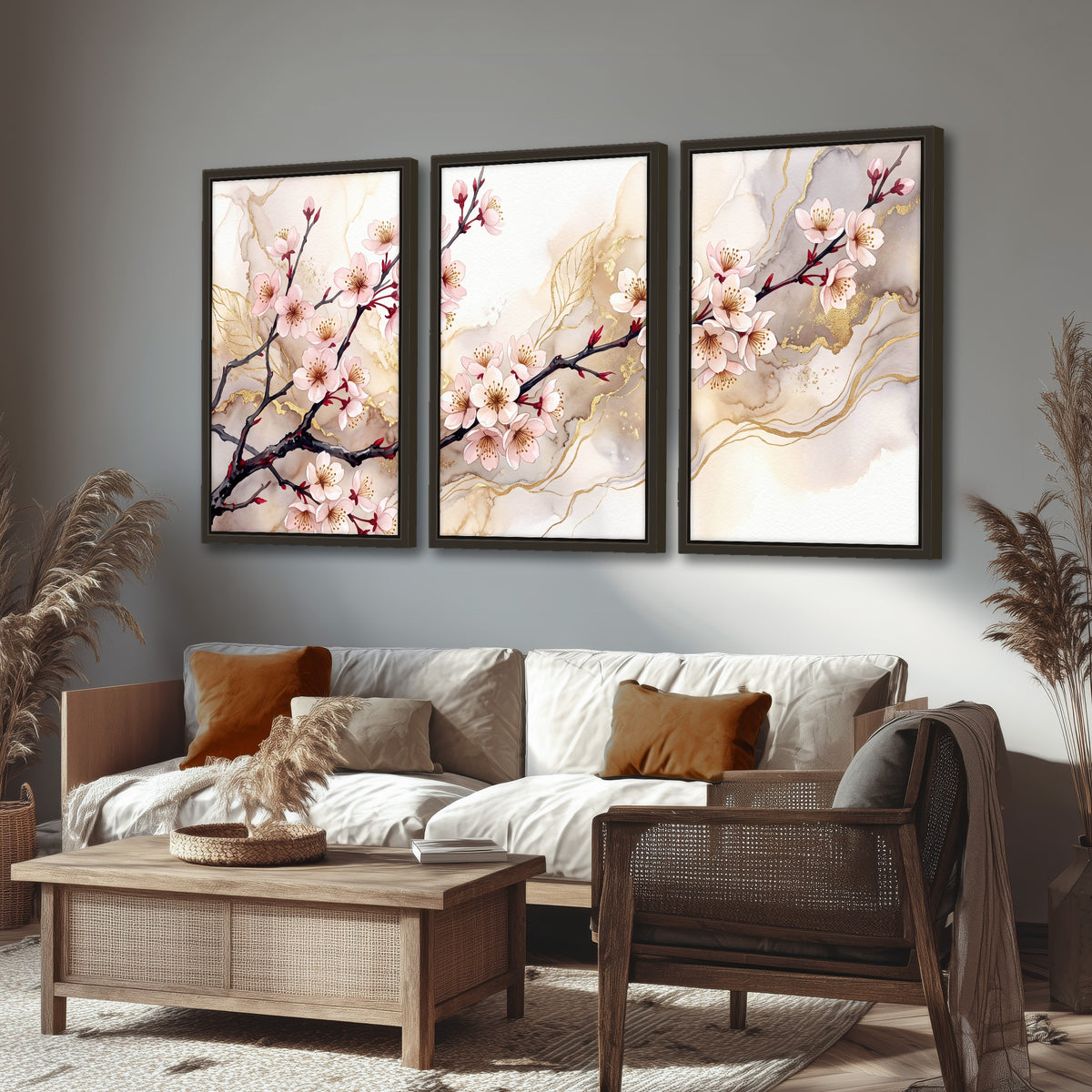 Cherry blossom branch with gold painting 3 piece framed canvas in a rustic living room
