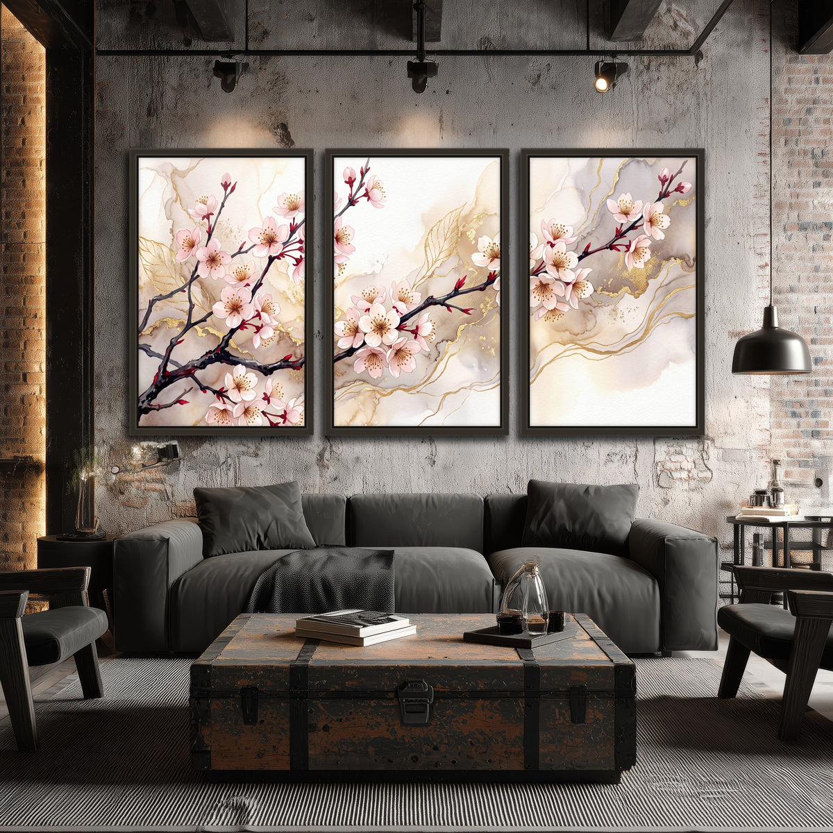 Cherry blossom branch with gold painting 3 piece framed canvas in an industrial loft