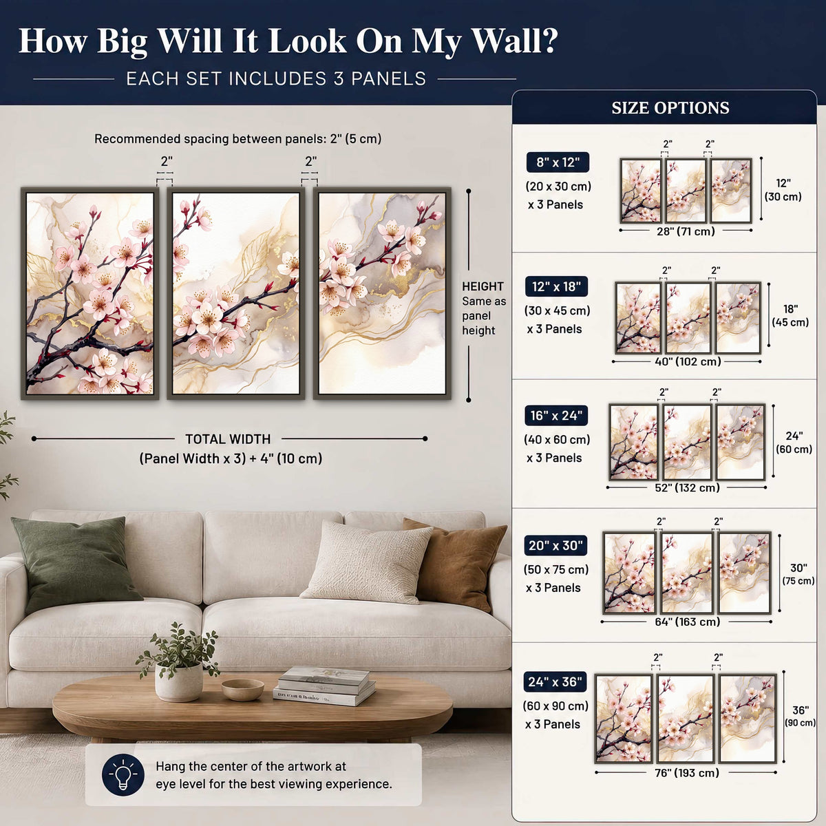 Cherry blossom branch with gold painting 3 piece framed canvas size guide above a sofa
