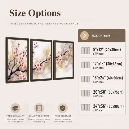 Cherry blossom branch with gold painting 3 piece framed canvas size options
