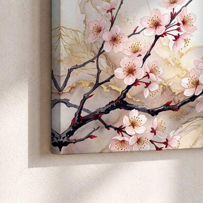 Cherry blossom branch with gold painting canvas print close-up showing the gallery-wrapped edge