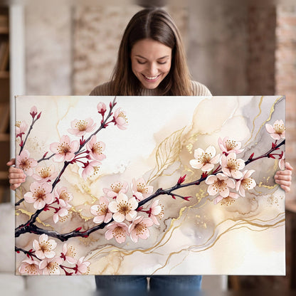 Cherry blossom branch with gold painting canvas wall art held in hands