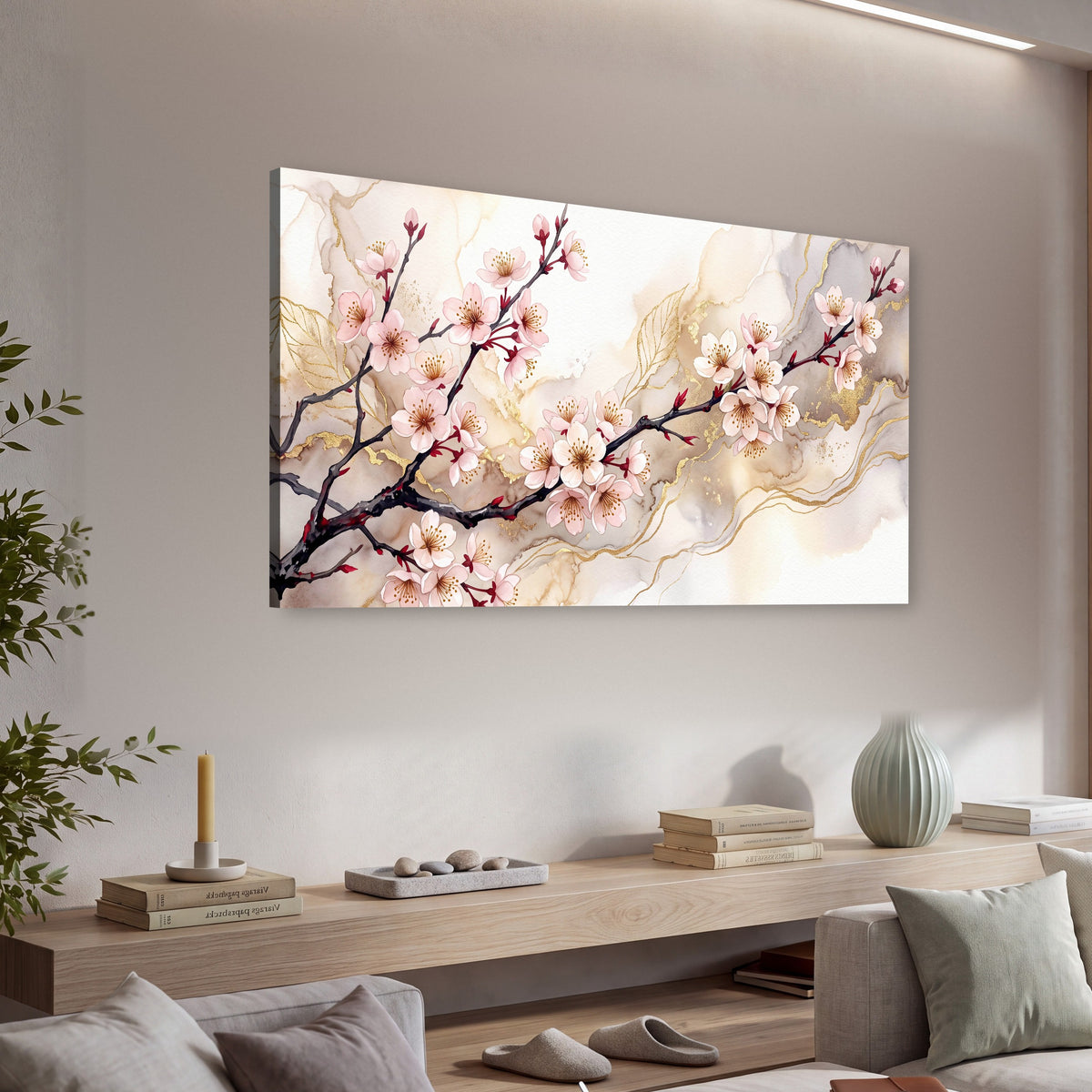 Cherry blossom branch with gold painting canvas wall art in a living room above a console