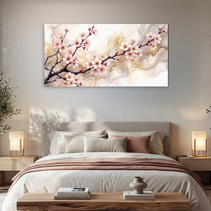 Cherry blossom branch with gold painting canvas wall art in a bedroom above the bed