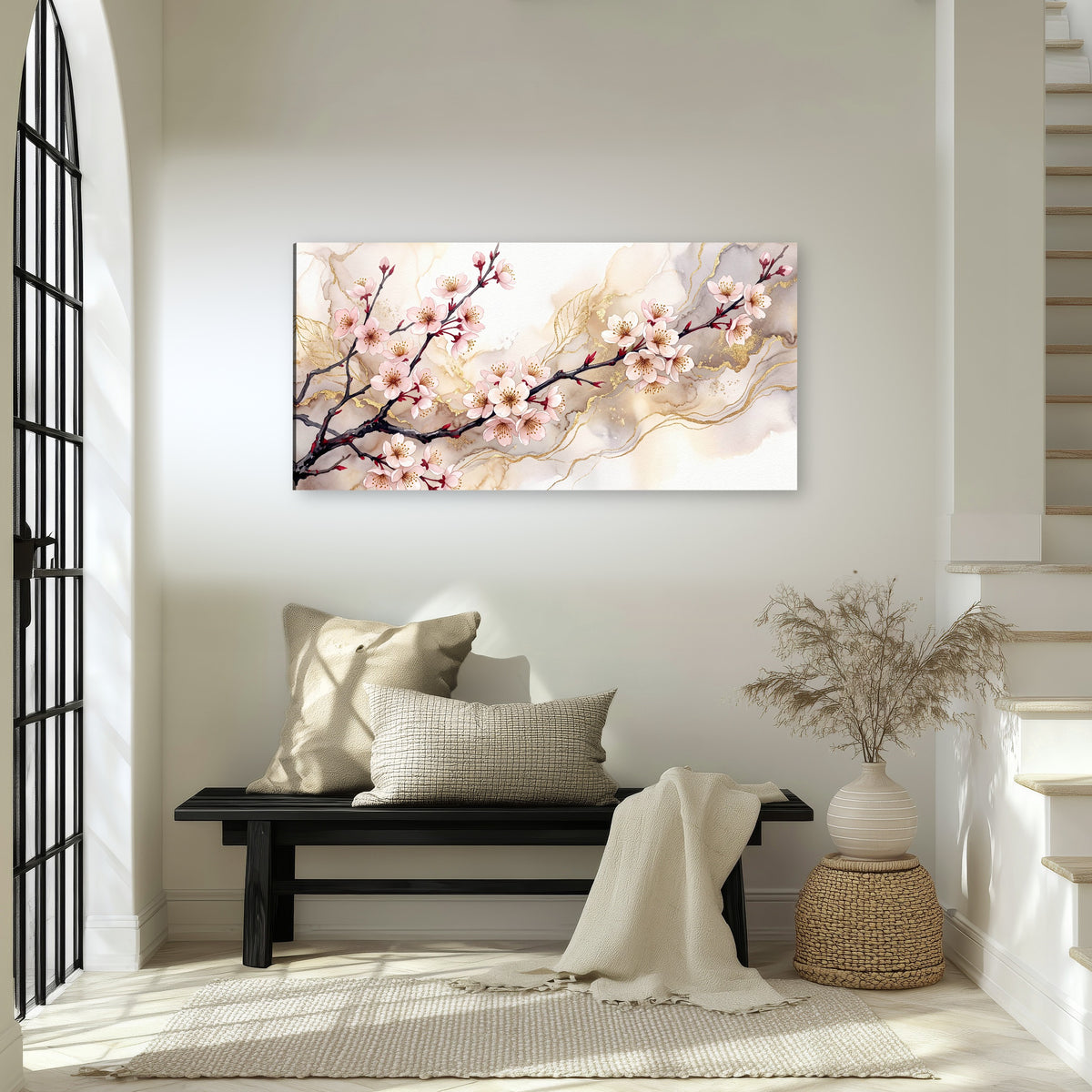 Cherry blossom branch with gold painting canvas wall art in an entryway above a bench