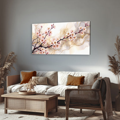 Cherry blossom branch with gold painting canvas wall art in a rustic living room