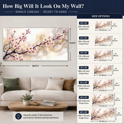 Cherry blossom branch with gold painting canvas wall art size guide above a sofa