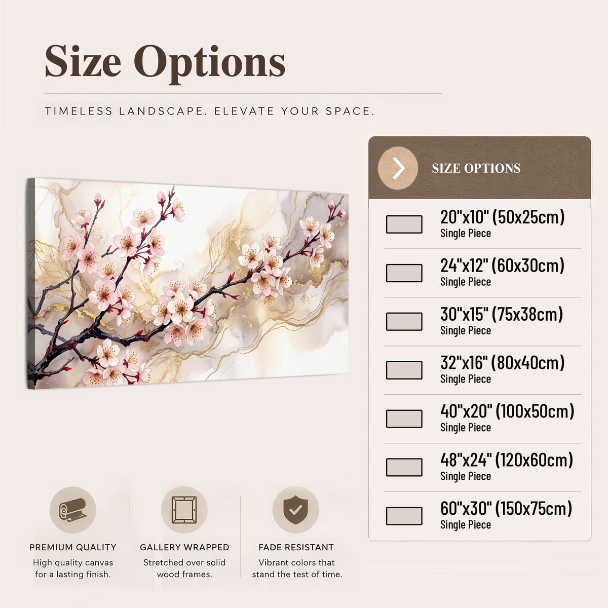 Cherry blossom branch with gold painting canvas wall art size options