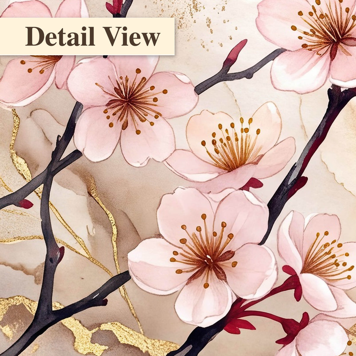 Cherry blossom branch with gold painting detail close-up