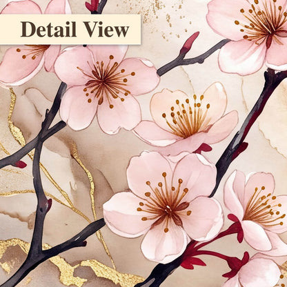 Cherry blossom branch with gold painting detail close-up