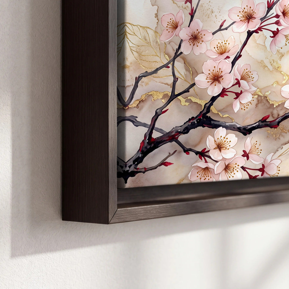 Cherry blossom branch with gold painting framed canvas close-up showing the floating frame