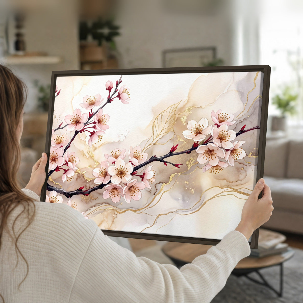 Cherry blossom branch with gold painting framed canvas held in hands