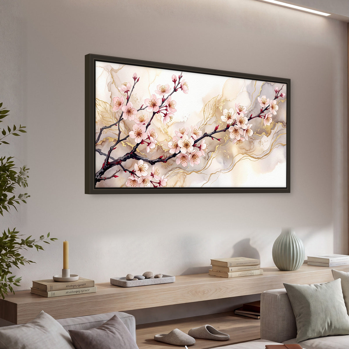 Cherry blossom branch with gold painting framed canvas wall art in a living room above a console