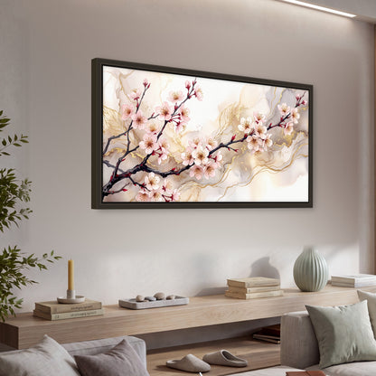 Cherry blossom branch with gold painting framed canvas wall art in a living room above a console