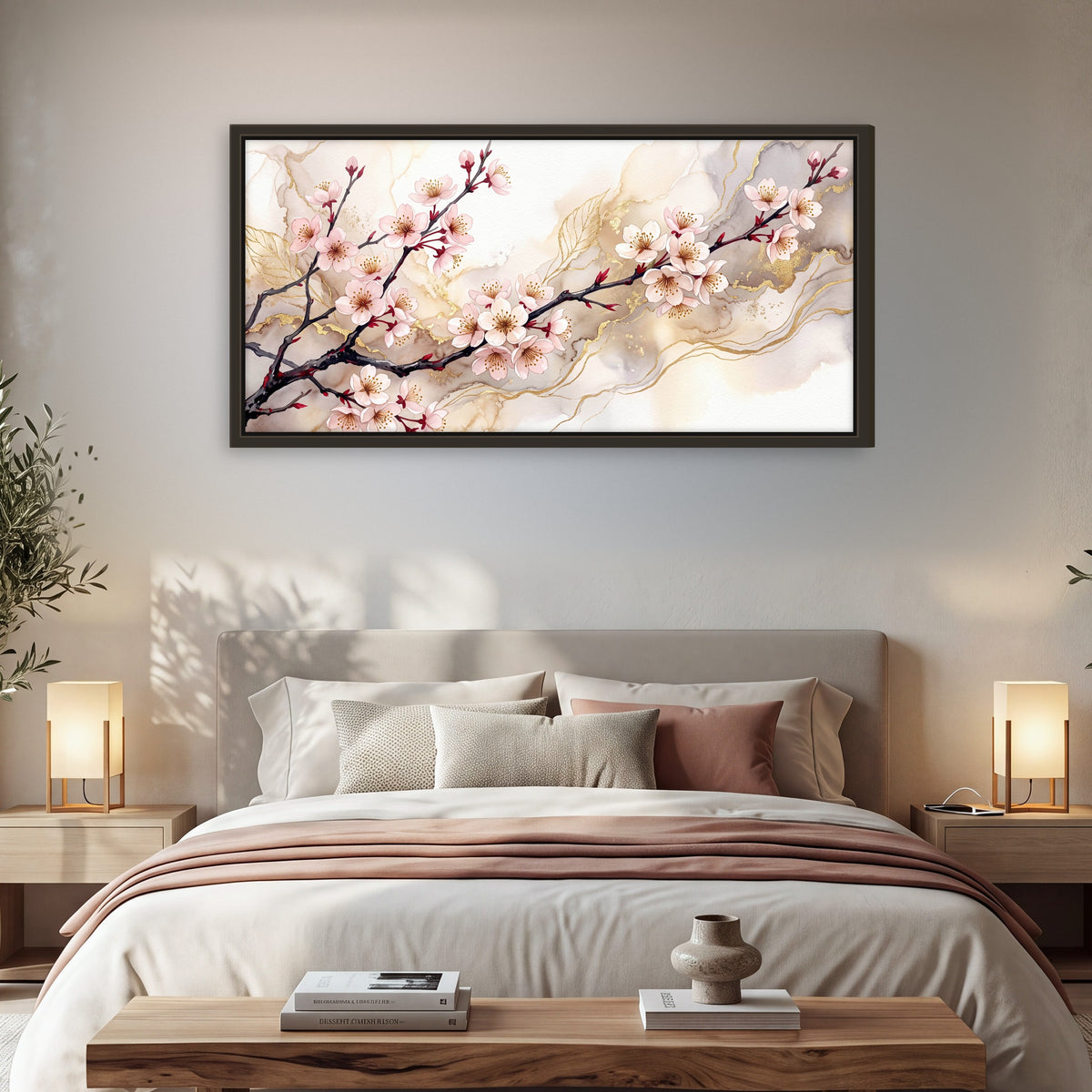 Cherry blossom branch with gold painting framed canvas wall art in a bedroom above the bed