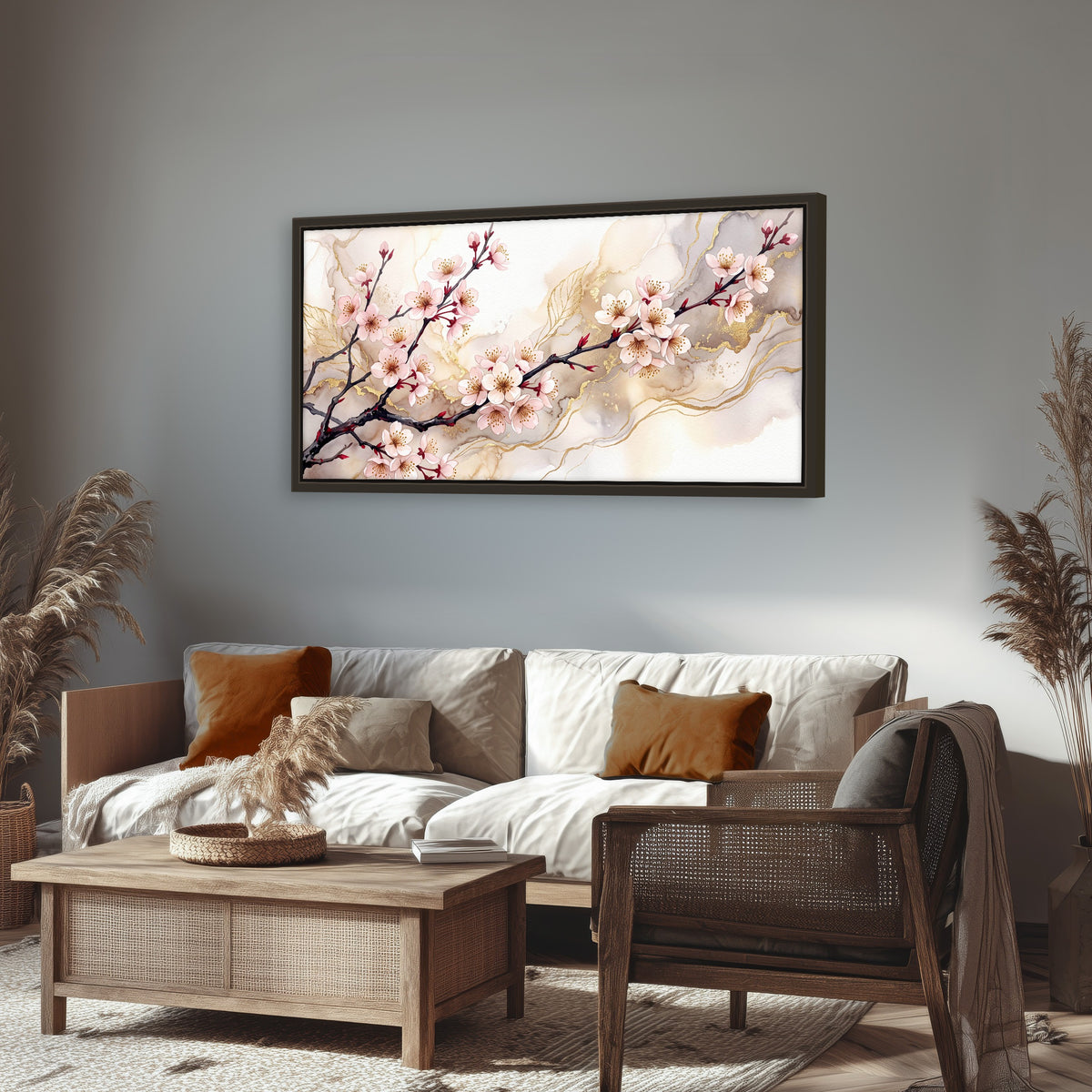 Cherry blossom branch with gold painting framed canvas wall art in a rustic living room