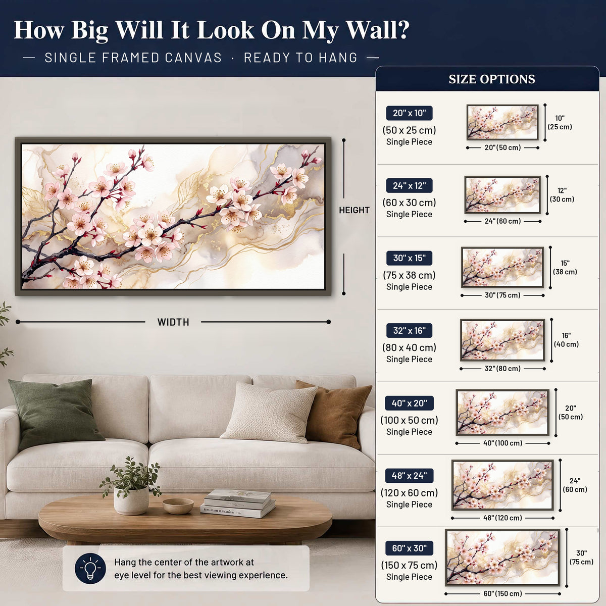 Cherry blossom branch with gold painting framed canvas wall art size guide above a sofa