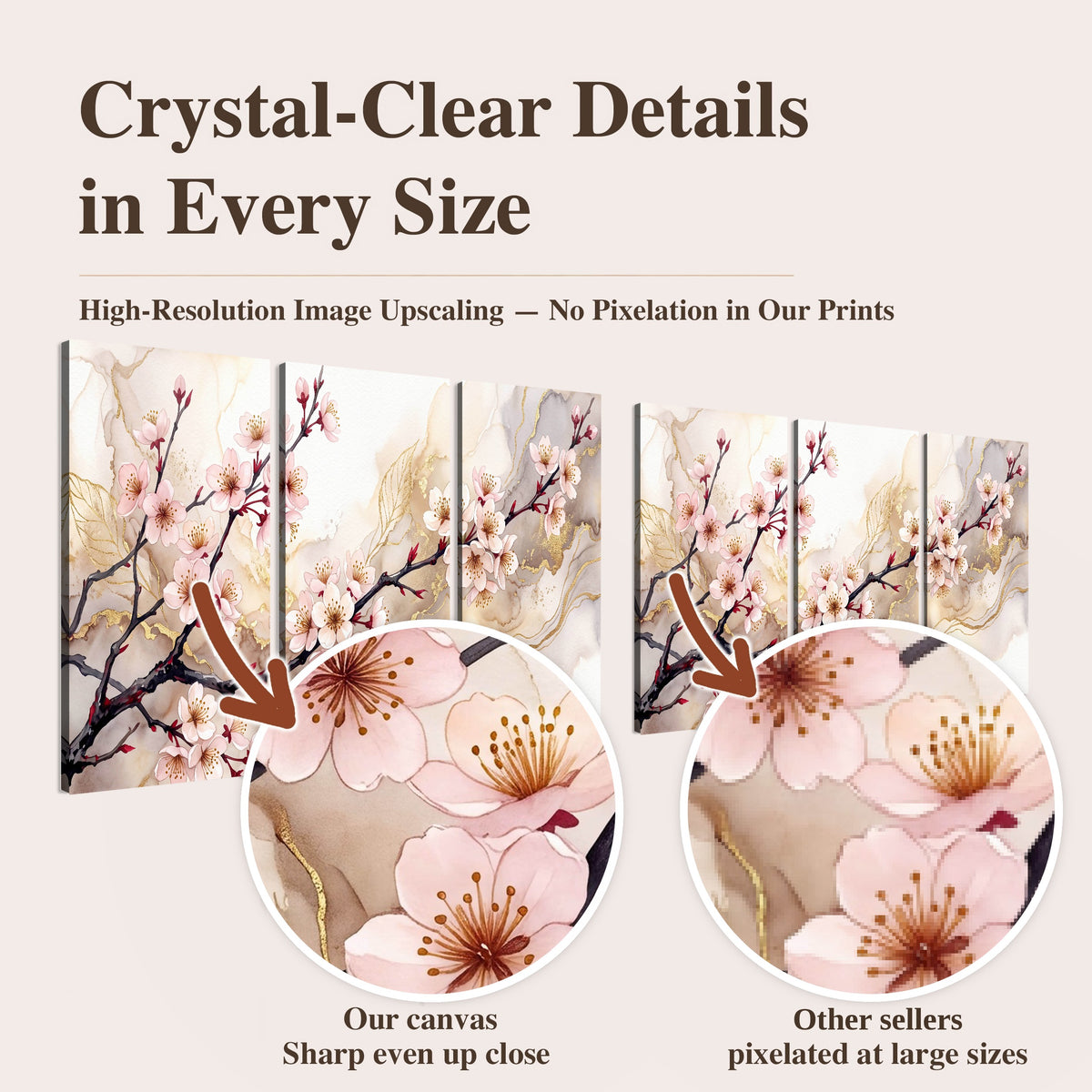 Cherry blossom branch with gold painting high-resolution print quality comparison