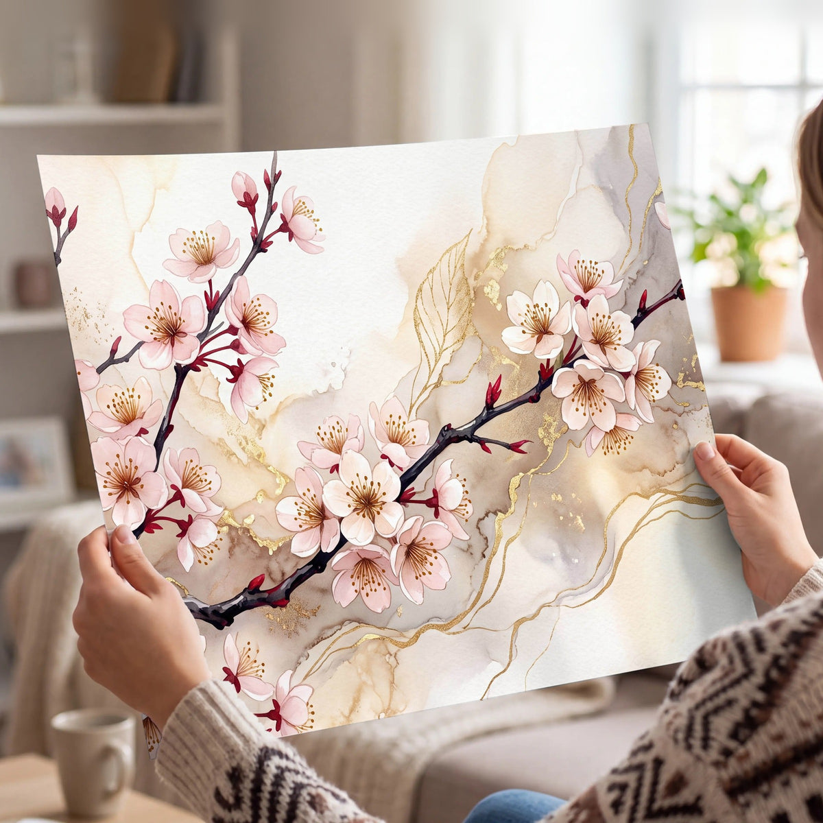 Cherry blossom branch with gold painting poster print held in hands