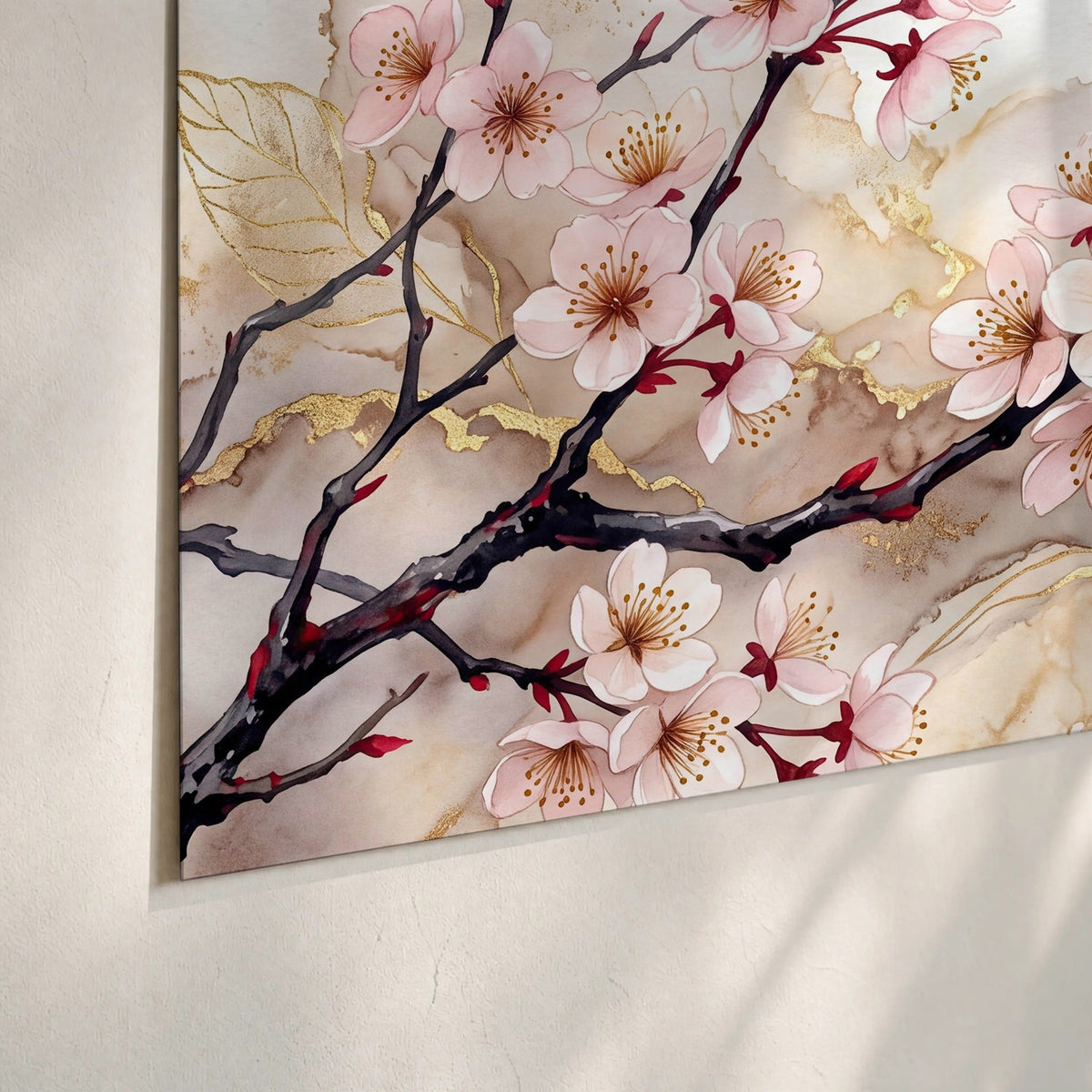 Cherry blossom branch with gold painting poster print close-up on matte paper