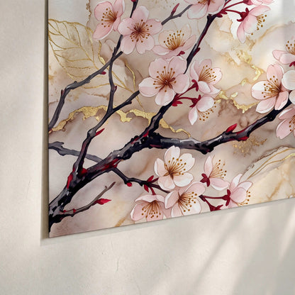 Cherry blossom branch with gold painting poster print close-up on matte paper