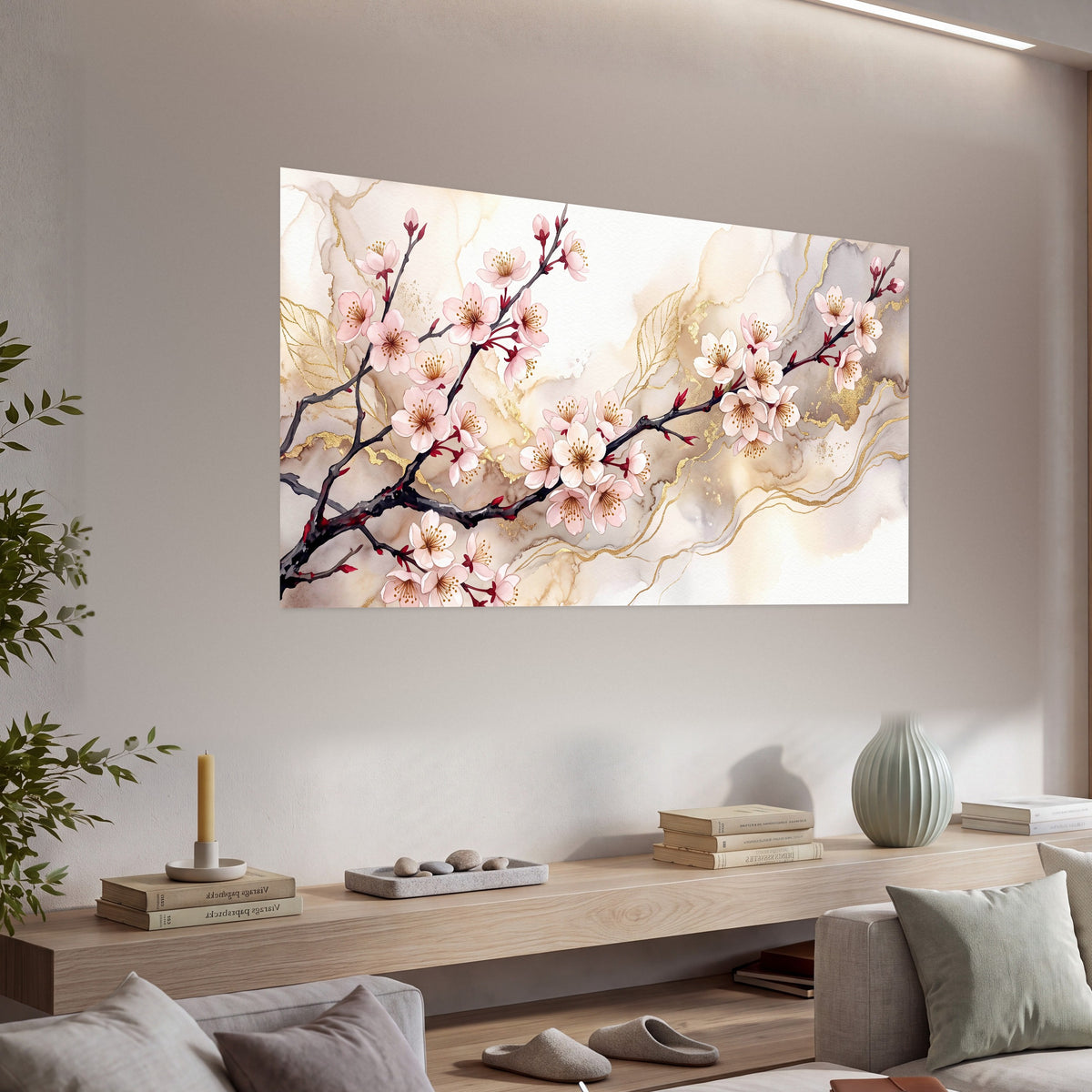 Cherry blossom branch with gold painting poster print in a living room above a console