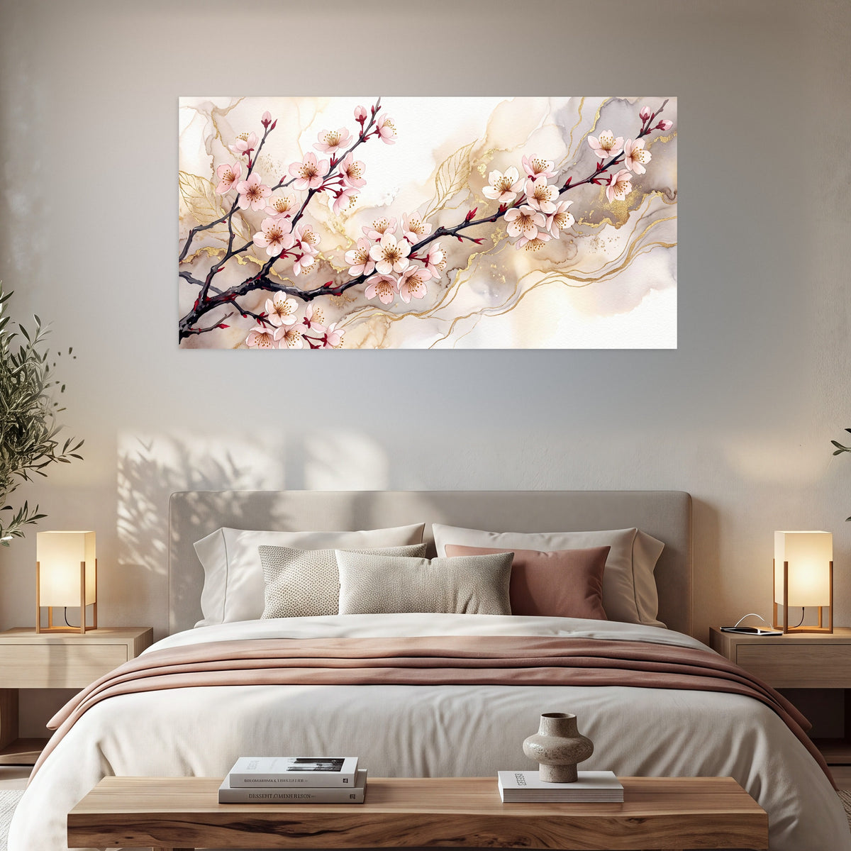 Cherry blossom branch with gold painting poster print in a bedroom above the bed