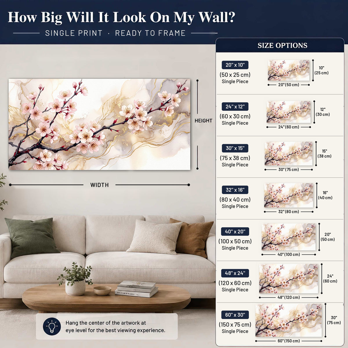Cherry blossom branch with gold painting poster print size guide above a sofa
