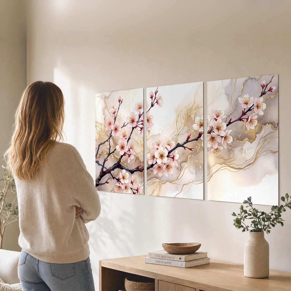Cherry blossom branch with gold painting set of 3 poster prints in a living room