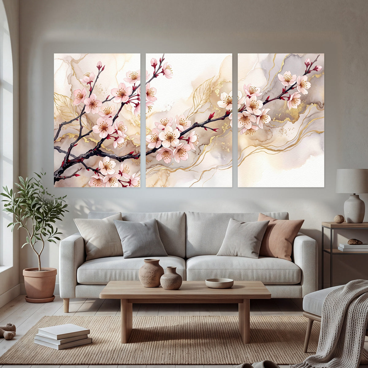 Cherry blossom branch with gold painting set of 3 poster prints in a bright living room