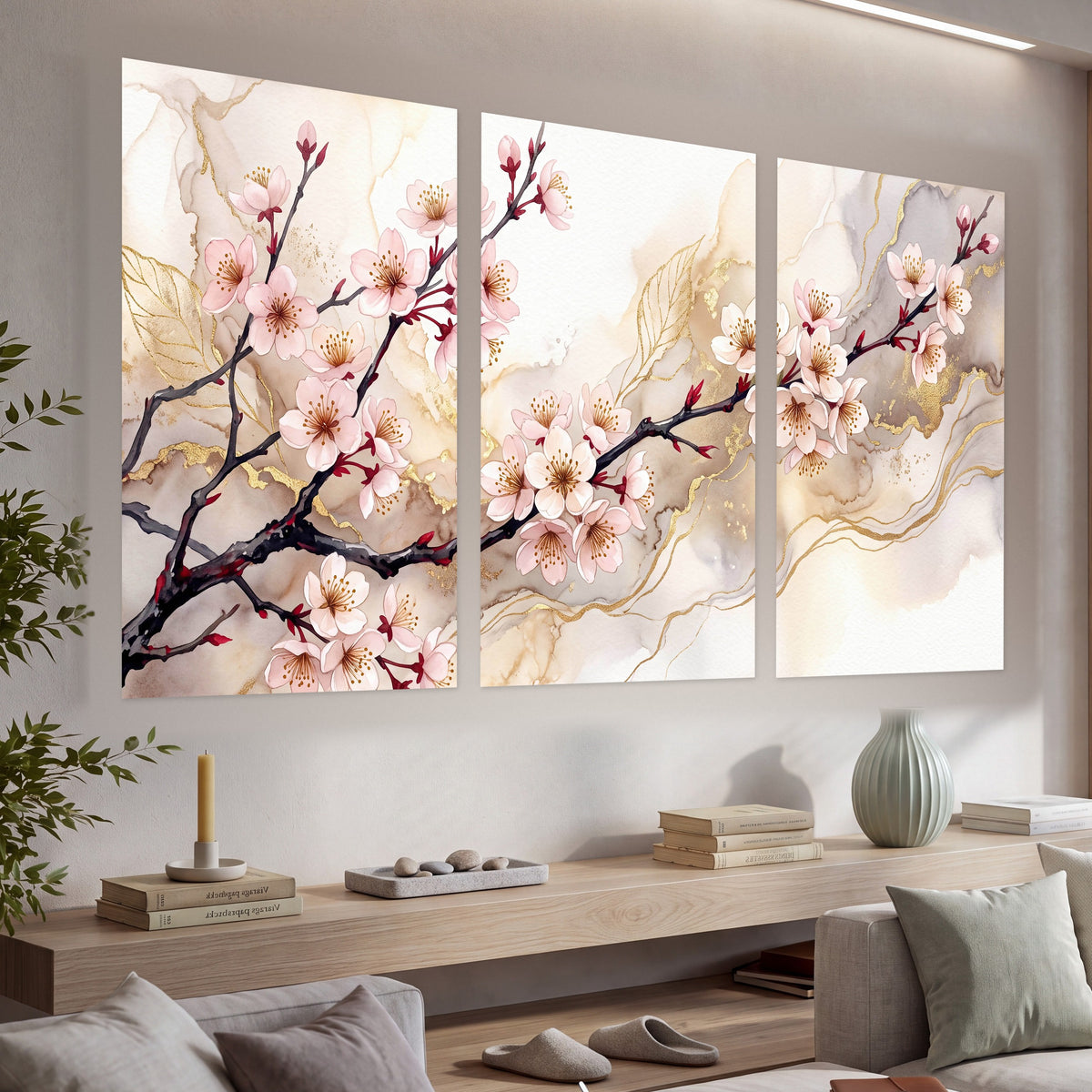 Cherry blossom branch with gold painting set of 3 poster prints in a living room above a console
