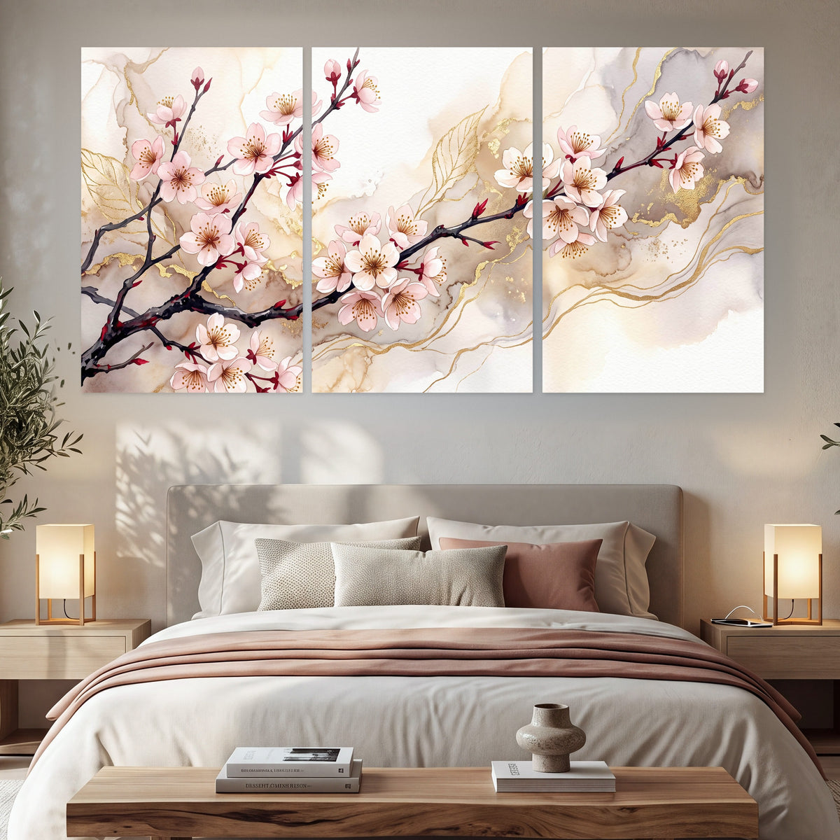 Cherry blossom branch with gold painting set of 3 poster prints in a bedroom above the bed