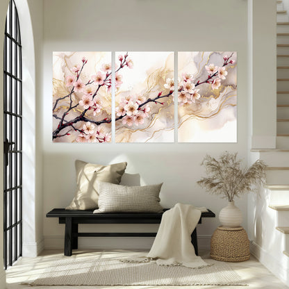 Cherry blossom branch with gold painting set of 3 poster prints in an entryway above a bench