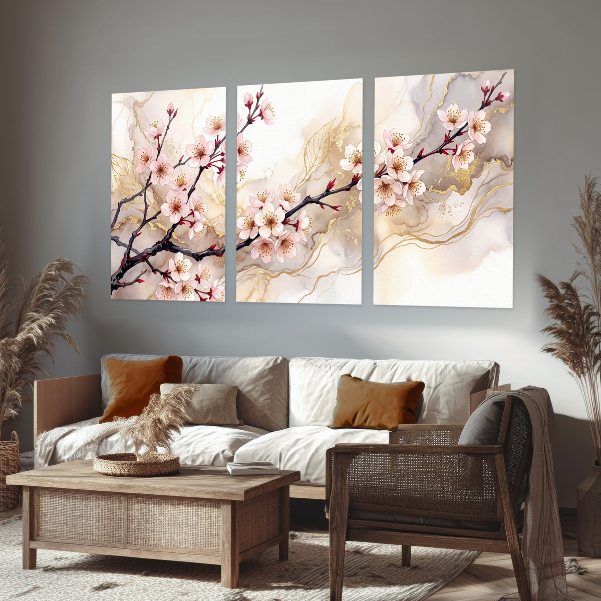 Cherry blossom branch with gold painting set of 3 poster prints in a rustic living room