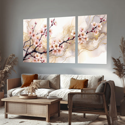 Cherry blossom branch with gold painting set of 3 poster prints in a rustic living room