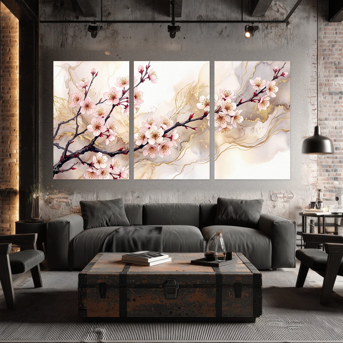 Cherry blossom branch with gold painting set of 3 poster prints in an industrial loft