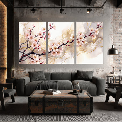 Cherry blossom branch with gold painting set of 3 poster prints in an industrial loft