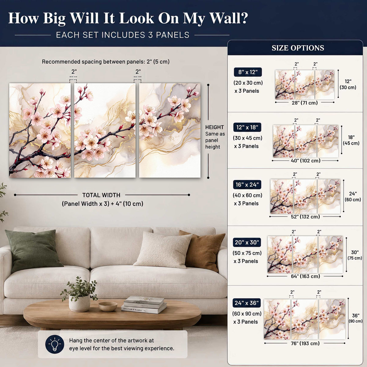 Cherry blossom branch with gold painting set of 3 poster prints size guide above a sofa