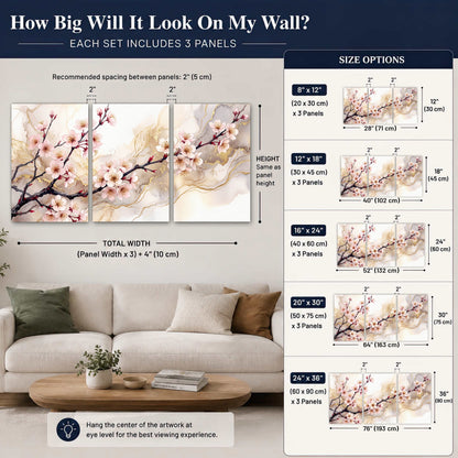 Cherry blossom branch with gold painting set of 3 poster prints size guide above a sofa