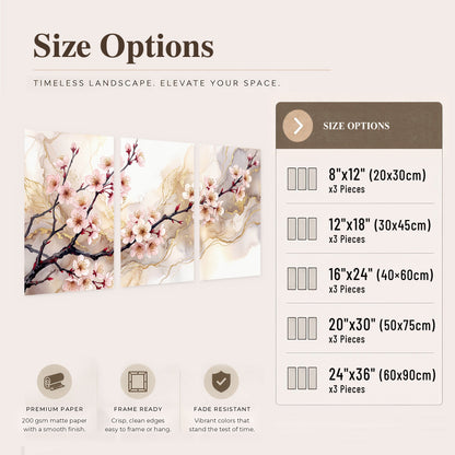 Cherry blossom branch with gold painting set of 3 poster prints size options
