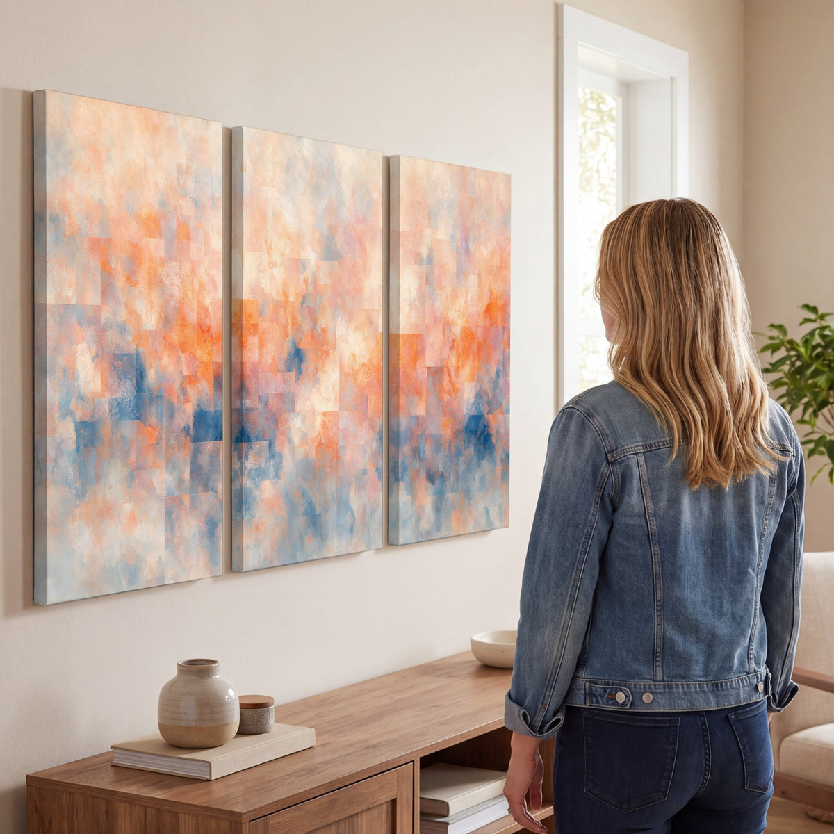 Peach and blue abstract painting 3 piece canvas wall art in a living room