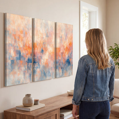 Peach and blue abstract painting 3 piece canvas wall art in a living room
