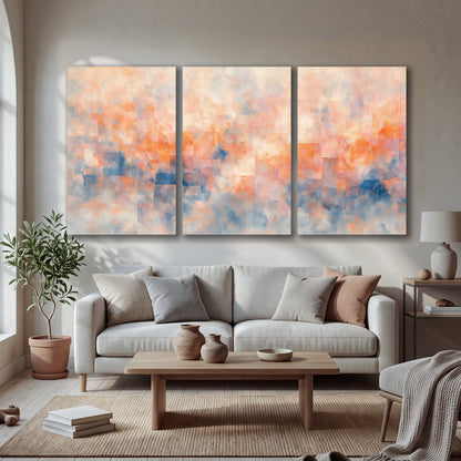 Peach and blue abstract painting 3 piece canvas wall art in a bright living room