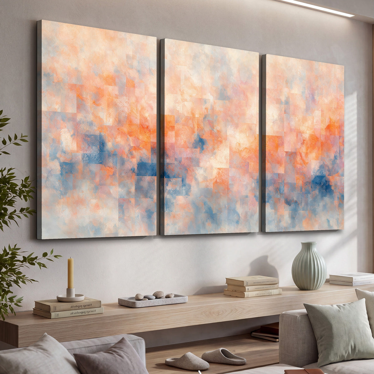 Peach and blue abstract painting 3 piece canvas wall art in a living room above a console