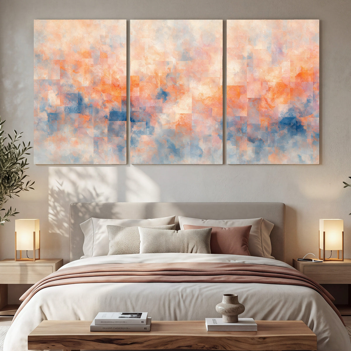Peach and blue abstract painting 3 piece canvas wall art in a bedroom above the bed