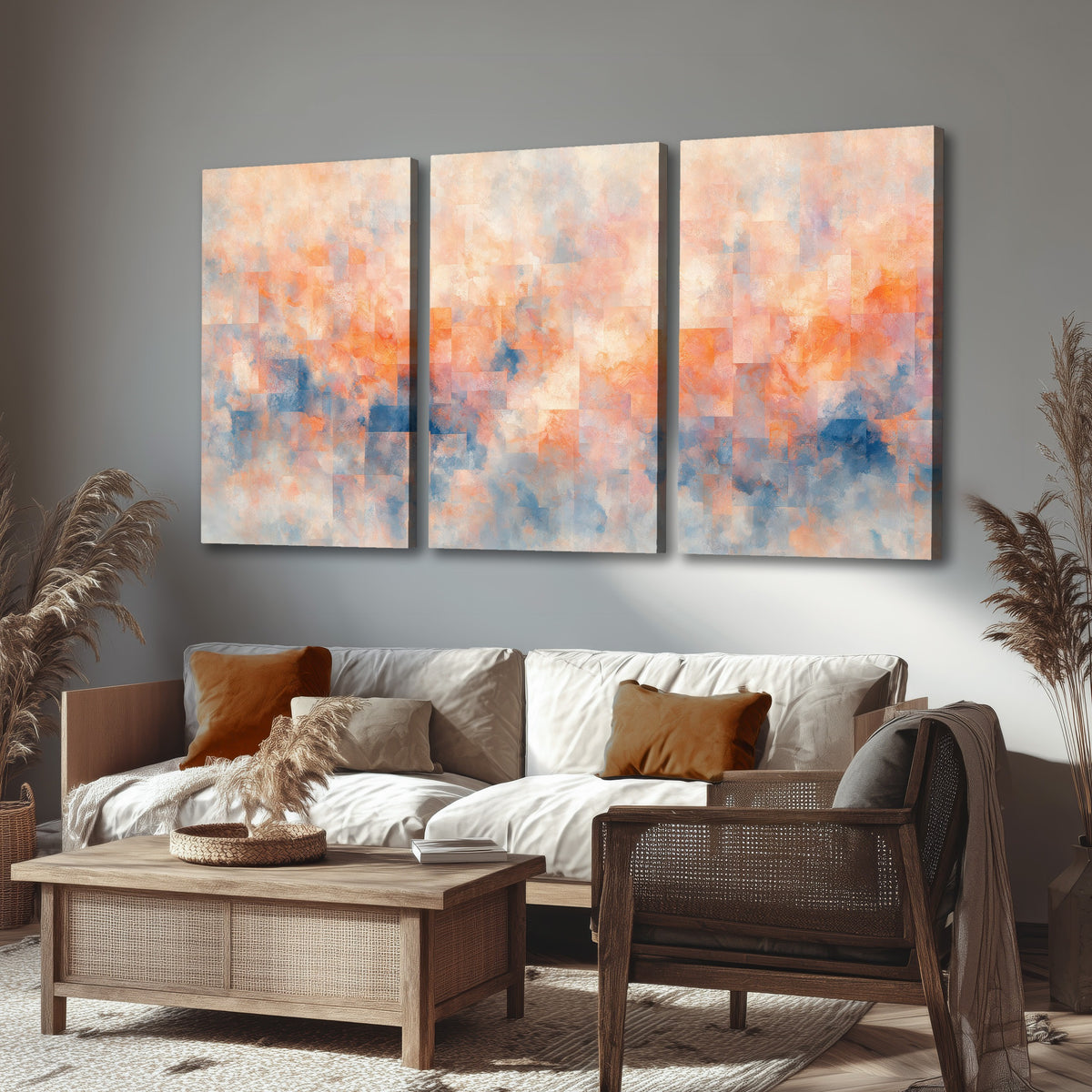 Peach and blue abstract painting 3 piece canvas wall art in a rustic living room