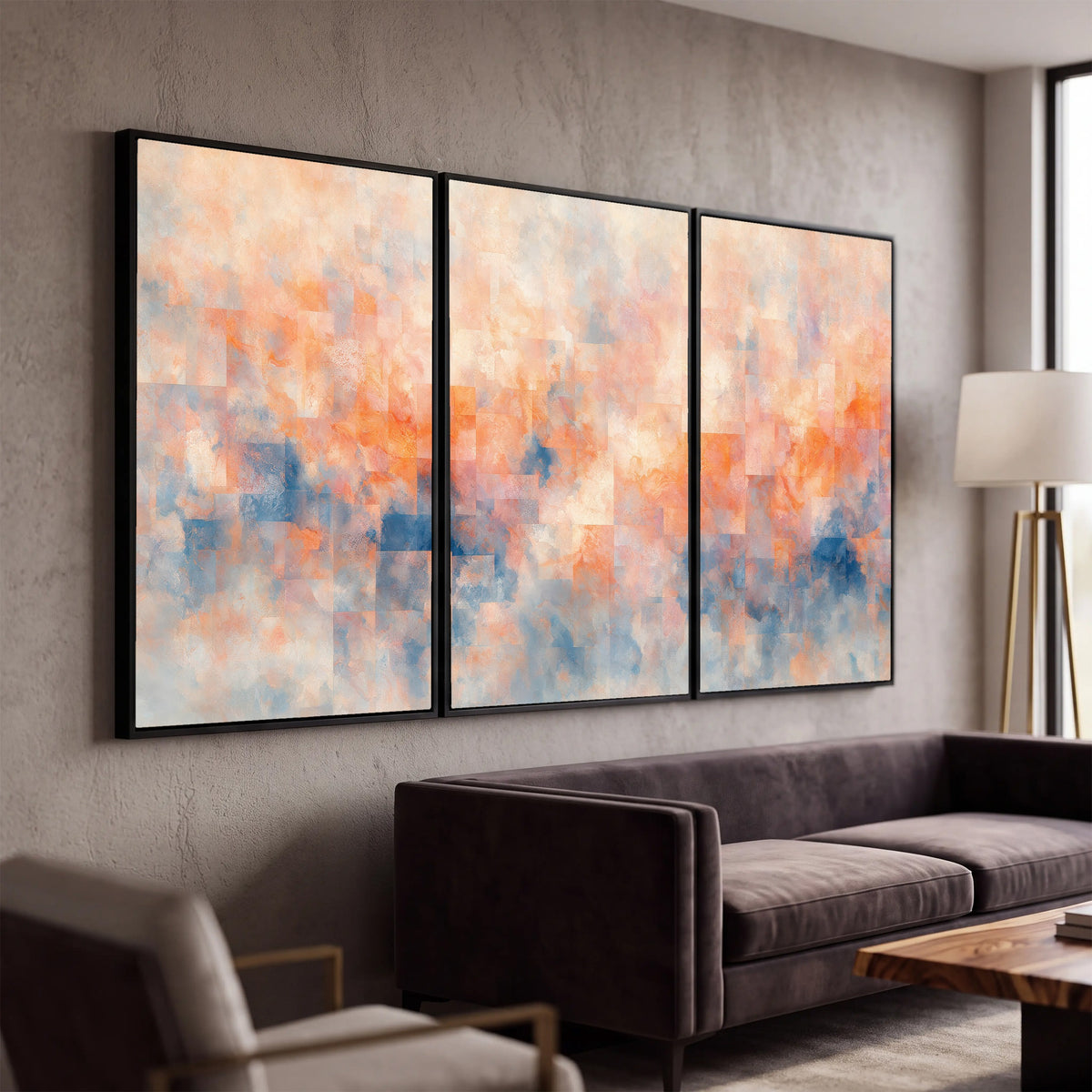 Peach and blue abstract painting 3 piece canvas wall art in a modern living room