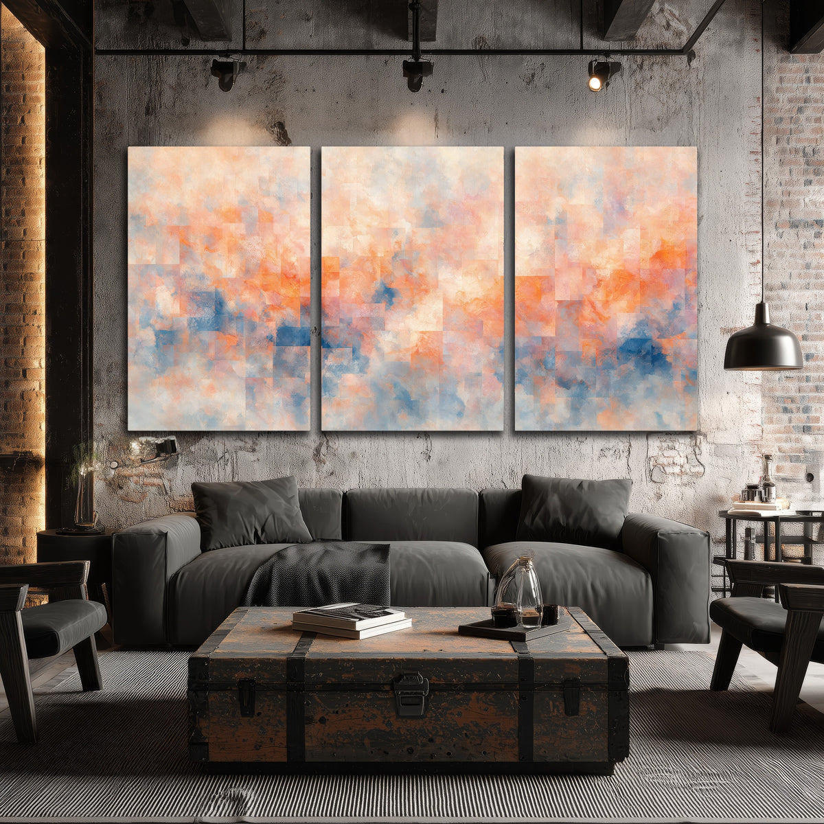 Peach and blue abstract painting 3 piece canvas wall art in an industrial loft