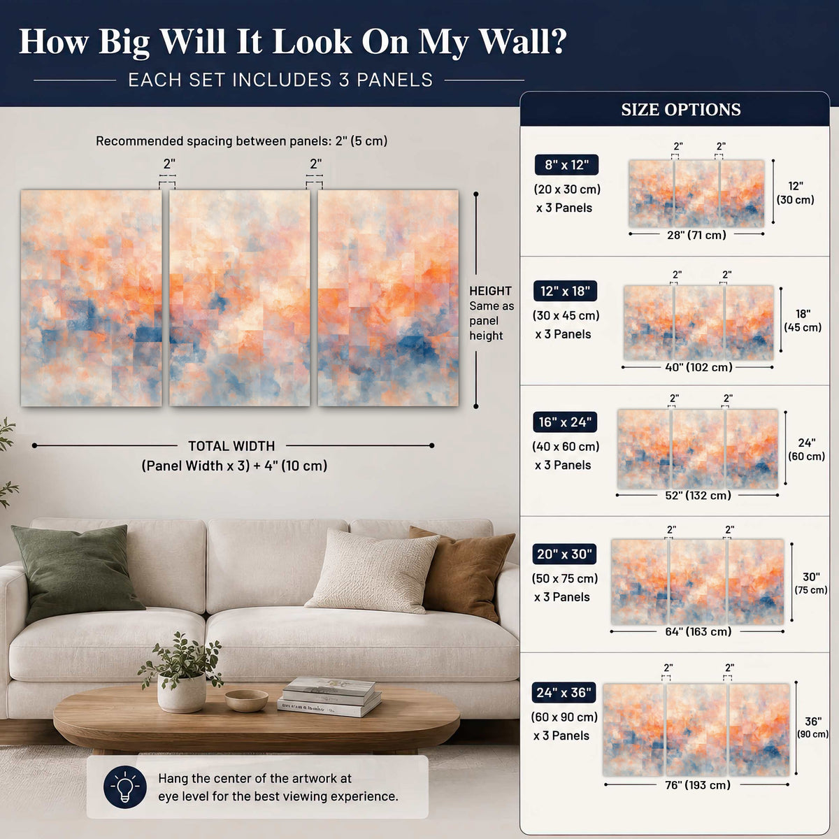 Peach and blue abstract painting 3 piece canvas wall art size guide above a sofa